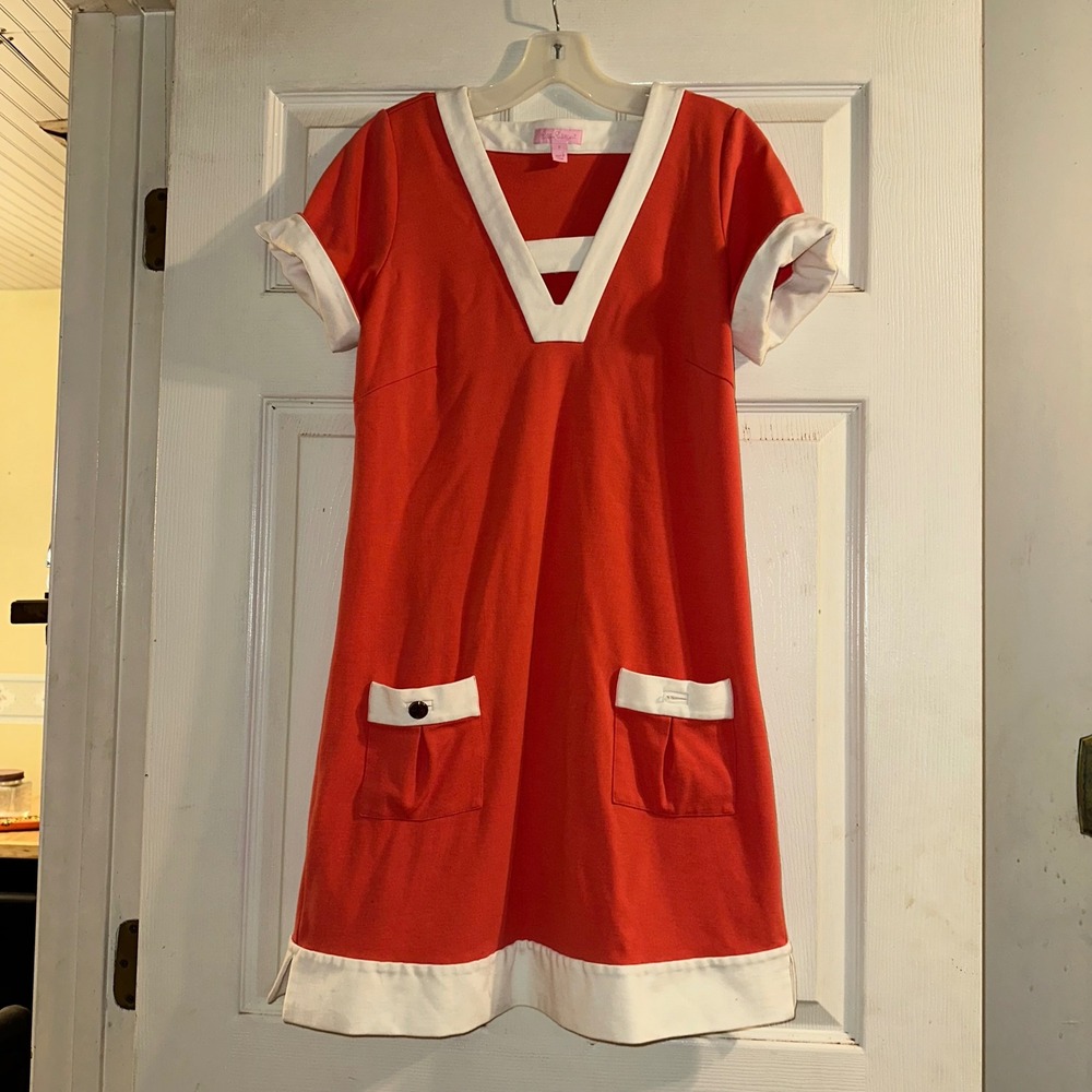 Lilly Pulitzer Womens Dress Size 6 Red‎ Orange White Shift Short Sleeve Pockets